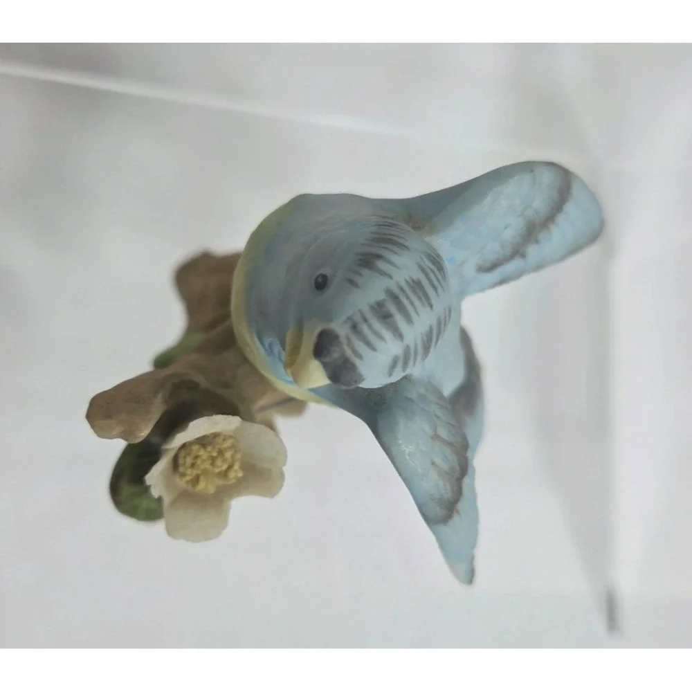 Vintage Ceramic Blue Bird Figurine On Branch With Applied Flowers